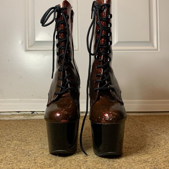 Pleaser ADORE Red Glitter Patented Ombre 7" Platform Stiletto Heel Lace Up Boots - Picture 12 of 16